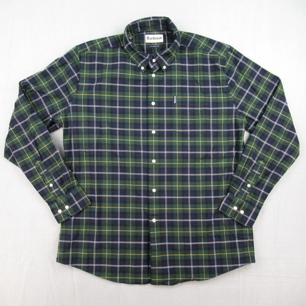 Barbour Tartan 6 Tailored Fit Mens L Green Plaid Button Down Shirt Long Sleeve